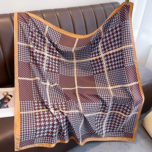 Classic plaid large square silk scarf in navy and burgundy with fashion text