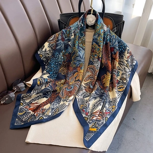 90cm silk twill square scarf with tropical floral prints draped over a beige sweater