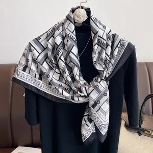 Elegant geometric twill silk scarf with stars and lucky letters in black and white