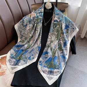 Detailed pattern of large twill silk scarf with floral prints and premium texture