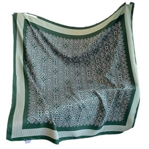 Green vintage printed silk scarf with geometric patterns and border on white background