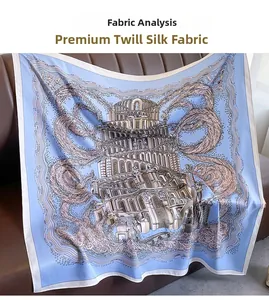 Close-up of premium twill silk square scarf featuring a classic spiral tower pattern