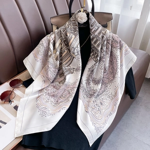 90cm printed silk scarf with vintage architecture pattern for beach and vacation
