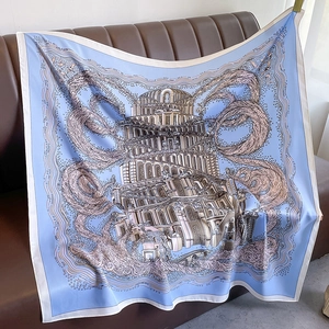 Elegant 90cm square silk scarf with blue classical architecture and clouds pattern