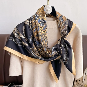 Classic 90cm printed silk scarf with elegant architectural patterns for women