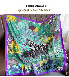 Detailed close-up of premium twill silk square scarf featuring zebra and floral prints