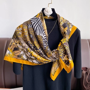 Floral and zebra print silk square scarf with yellow borders for women's fashion