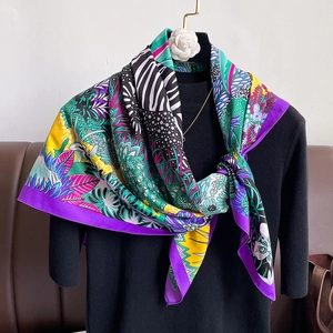 Elegant floral and zebra print square silk scarf for women in vibrant tropical patterns
