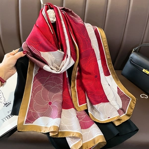 Floral Print Scarf Shawl Elegant Imitation Satin Satin Large Sun Protection Neck Wrap For Women Luxury Gold Edge