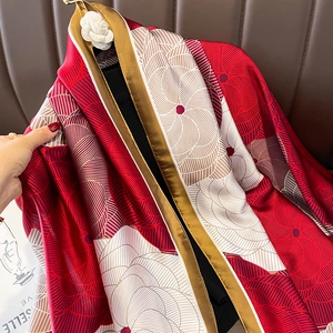 Floral print faux silk shawl scarf in red and white with camellia brooch accessory