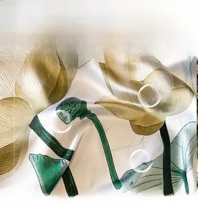 Detailed view of lightweight silk scarf featuring elegant lotus and lily pad floral patterns
