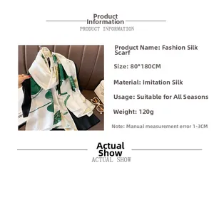Detail of green leaf pattern silk scarf shawl with 80x180cm size and soft texture
