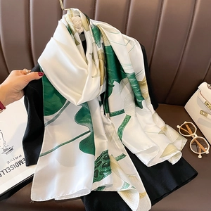 Long Satin Scarf Shawl Faux Satin Lotus Floral Print Sun Protection Summer Beach Wrap Elegant Lightweight For Women