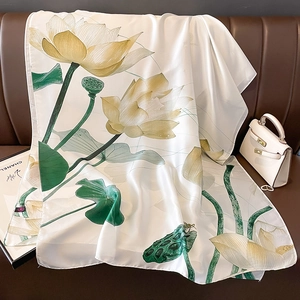Elegant lotus floral silk scarf long shawl wrap in creamy yellow for summer beach wear