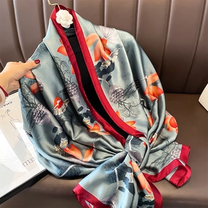 Elegant vintage floral silk scarf with lotus print and red border for women