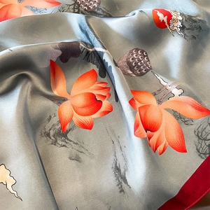 Long vintage floral silk scarf with lotus print and refined rolled edges for women