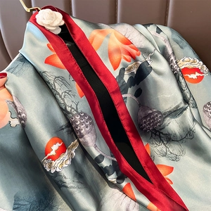 Vintage lotus print long silk scarf with red trim and white flower accessory