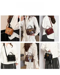 Collage of vintage box bags in four colors showing top handle and crossbody styles