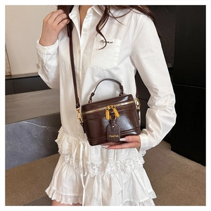 Close-up of vintage brown box bag with dual gold zippers and glossy leather finish