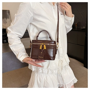 Model wearing a vintage dark brown box bag with gold double zippers and a leather tag