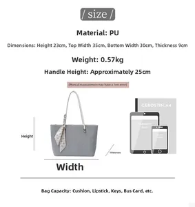 Detailed sizing guide showing PU leather tote bag dimensions and capacity comparison