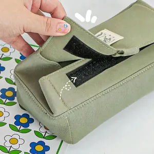 Avocado green canvas pencil case with convenient black magic sticker closure and large capacity