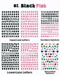 Détail d'autocollants 3D alphabet et chiffres en noir et rose pour journaux DIY