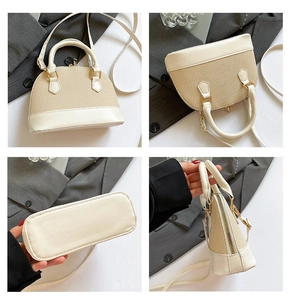 Detail views of beige shell bag featuring leather trim, woven texture, and gold hardware