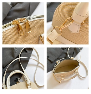 Detail view of woven shell bag featuring gold hardware and leather trim details