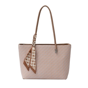 Classic patterned tote bag with brown handles and a chic houndstooth scarf decoration