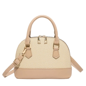 Elegant shell-shaped woven crossbody bag with beige texture and smooth leather trim