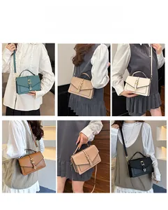 Detail of trendy crossbody flap bag shown in six colors with elegant gold metal buckles