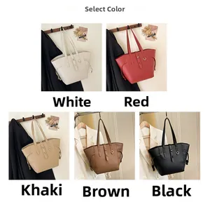 Collage of large tote bags in white, red, khaki, brown, and black with pebbled leather
