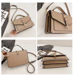 Four-angle view of vintage khaki crossbody bag showing accordion structure and metal buckle