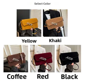 Selection of flap crossbody bags in five colors with unique geometric metal buckles