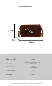Detail view of brown suede crossbody bag with pin lock and dimension specifications
