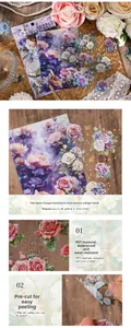 Detail of purple rose PET stickers with gold foil stamping and waterproof finish