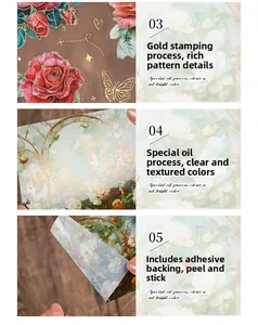 Detail view showing special oil and gold foil stamping on floral PET washi stickers