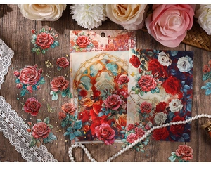 Detail of 4pcs flame red rose PET stickers with gold foil and retro oil painting texture