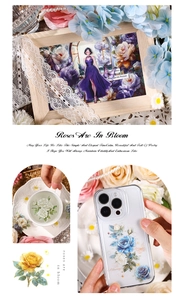 Floral iPhone case with blue rose stickers and elegant girl motif in collage style