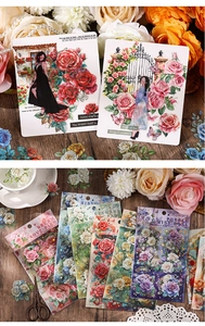 Detail of vintage rose stickers with gold foil accents and elegant female illustrations