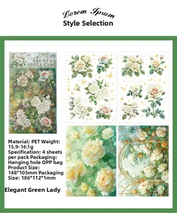 Detail view of vintage rose PET stickers with waterproof gold foil stamping for journaling