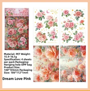 Detail of rose PET stickers with gold foil stamping and waterproof warm floral patterns