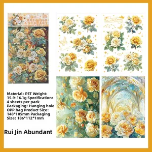 Floral PET stickers featuring gold foil rose designs and stained glass window patterns