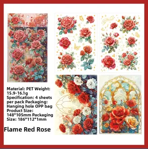 Detail of rose PET stickers with gold foil accents and butterflies on a white background