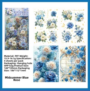 Detailed close-up of blue rose PET stickers with gold foil accents for scrapbooking