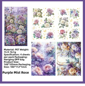 Detail view of purple rose and butterfly PET stickers with gold foil stamping for journaling
