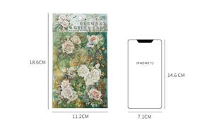 Detail of rose PET stickers with gold foil accents next to iPhone size reference