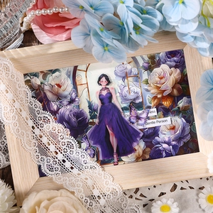Elegant wood frame sticker art featuring a girl with purple roses and lace details