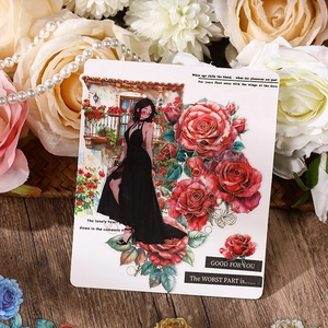Vintage rose sticker featuring elegant woman with gold foil stamping and floral patterns